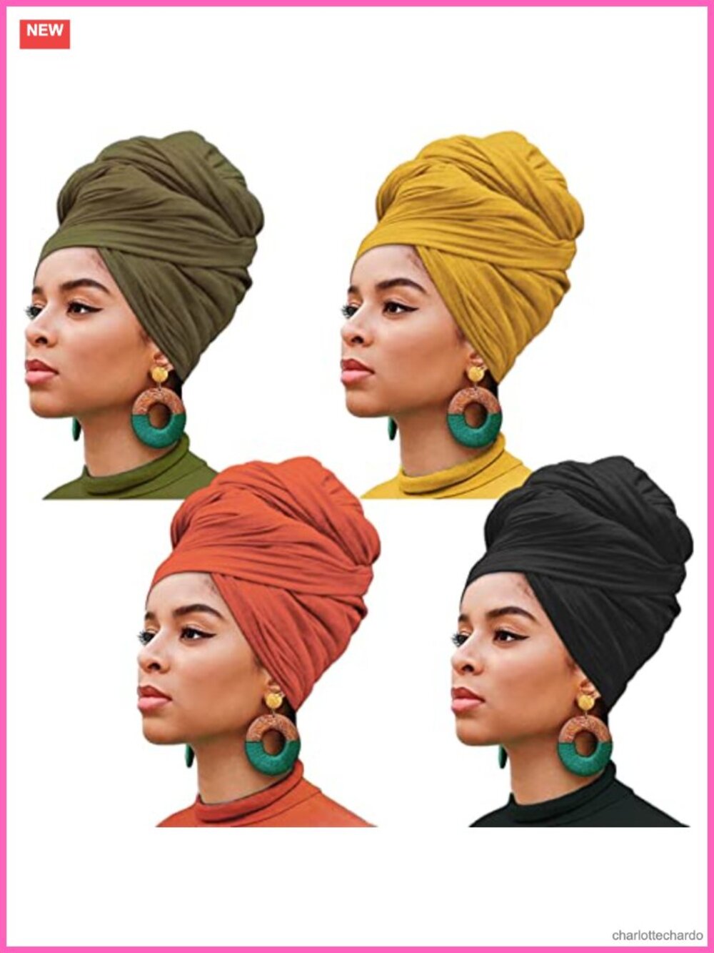 4pc Stretch Jersey Knit Turban Head Wrap Hairband Scarf Set